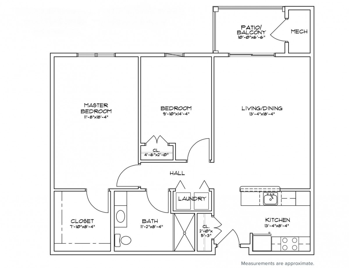 A detailed floor plan of a two-bedroom apartment with labeled rooms and dimensions.