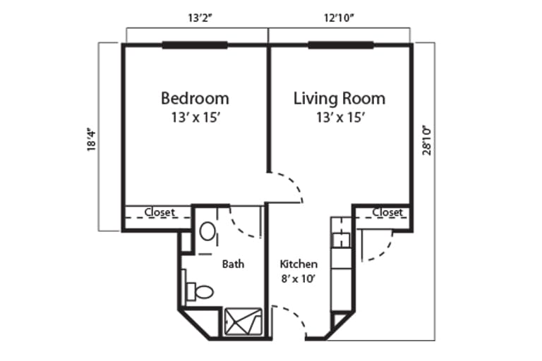 Floor plan showing the layout of a one-bedroom apartment with living room, kitchen, and bathroom.