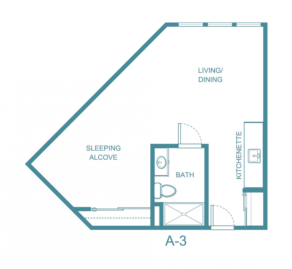 A studio apartment floor plan featuring a sleeping alcove, living/dining area, bathroom, and closet.