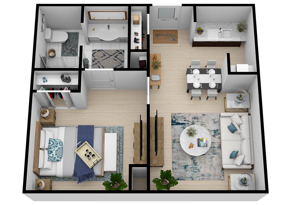 A detailed 3D floor plan of a modern apartment featuring a bedroom, bathroom, living room, and dining area.
