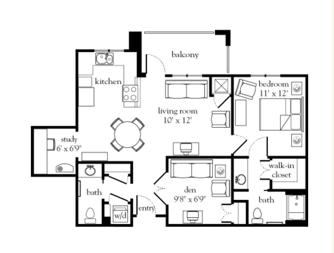 An architectural floor plan of an apartment showing various rooms and layouts.