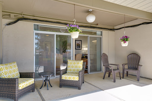 A cozy outdoor patio area featuring comfortable seating and decorative hanging plants.