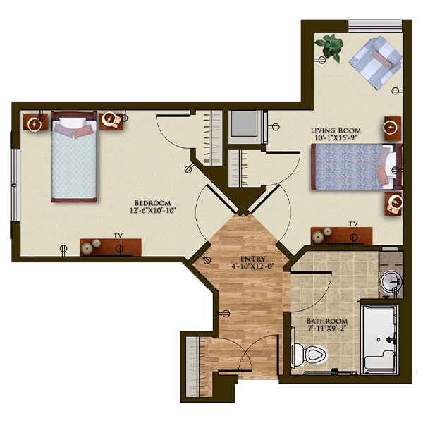 A detailed floor plan of a 2-bedroom apartment including a living room, kitchen, and bathroom.