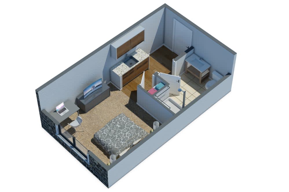 A 3D rendered floor plan showcasing a bedroom and living area with furniture layout.