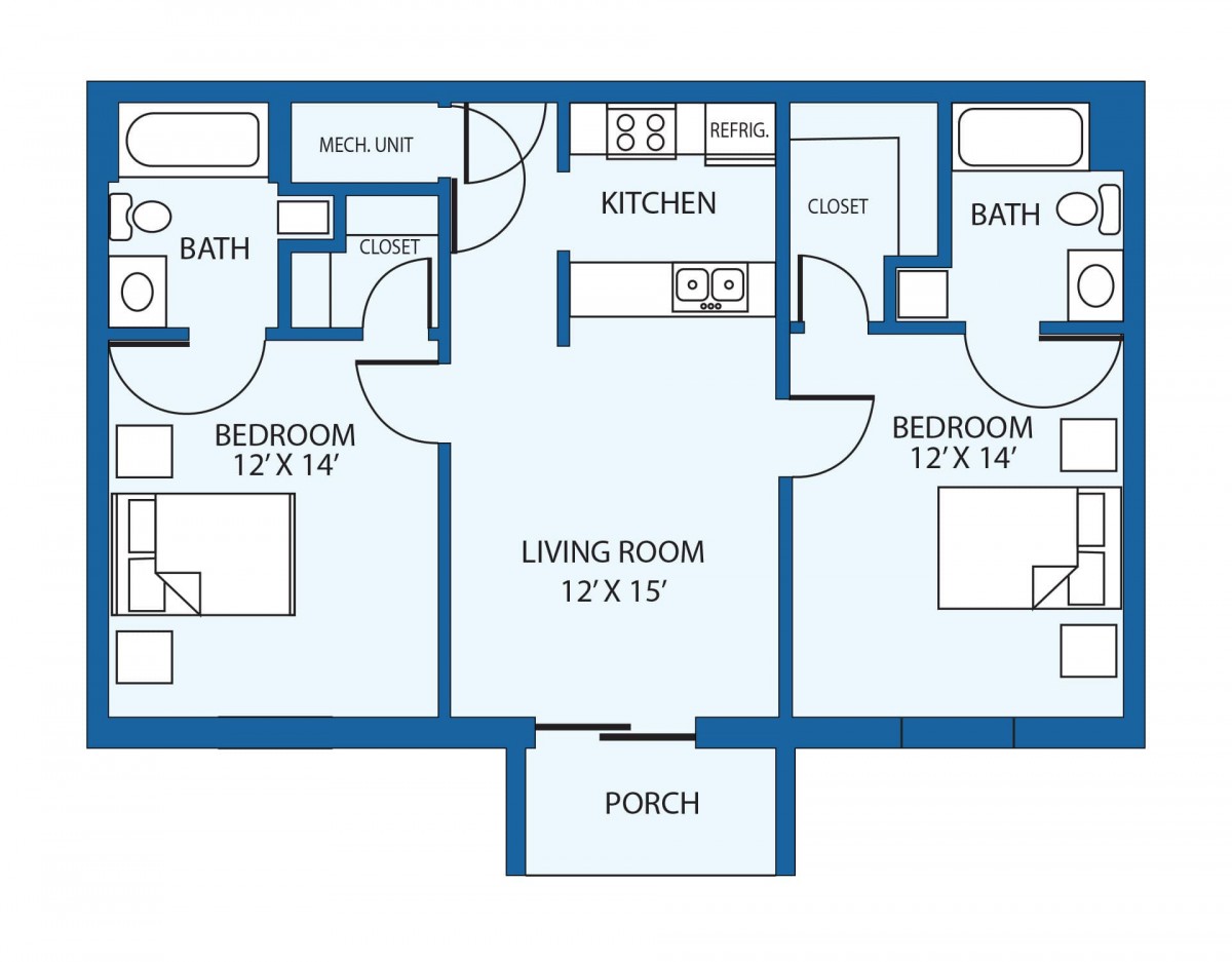 A floor plan of a two-bedroom apartment featuring a living room, kitchen, and two bathrooms.