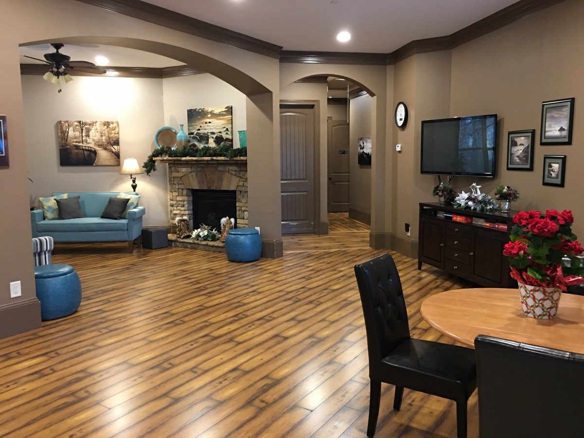 A cozy living room with wood flooring, a fireplace, and modern furnishings.