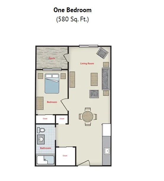 One-bedroom apartment floor plan with a total area of 580 square feet.