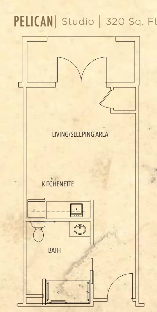 Floor plan of a studio apartment with living/sleeping area, kitchenette, and bathroom.