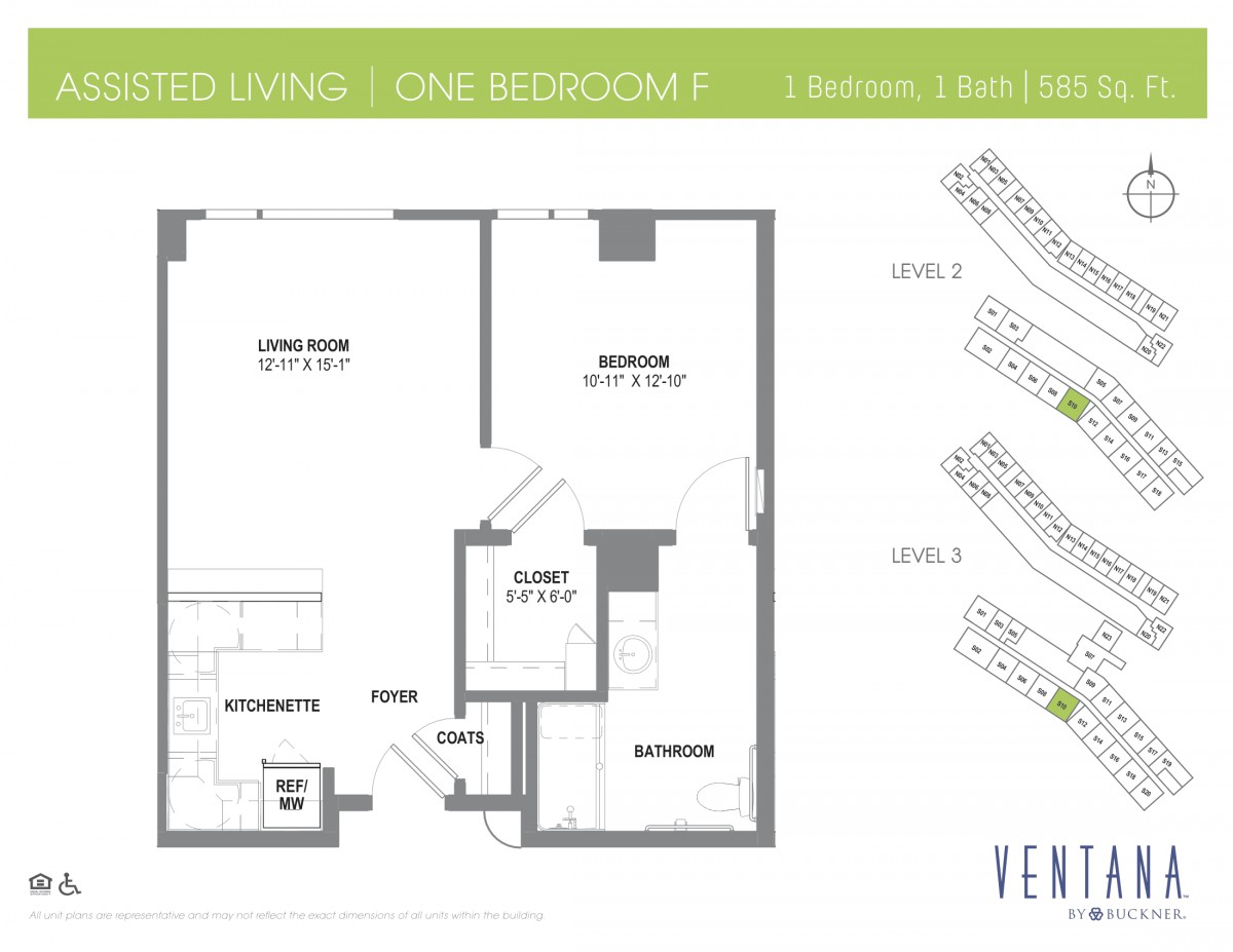 Floor plan of a one-bedroom assisted living unit.