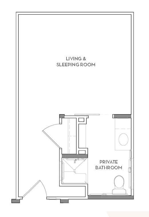 A floor plan showing a combined living and sleeping room with an ensuite bathroom.