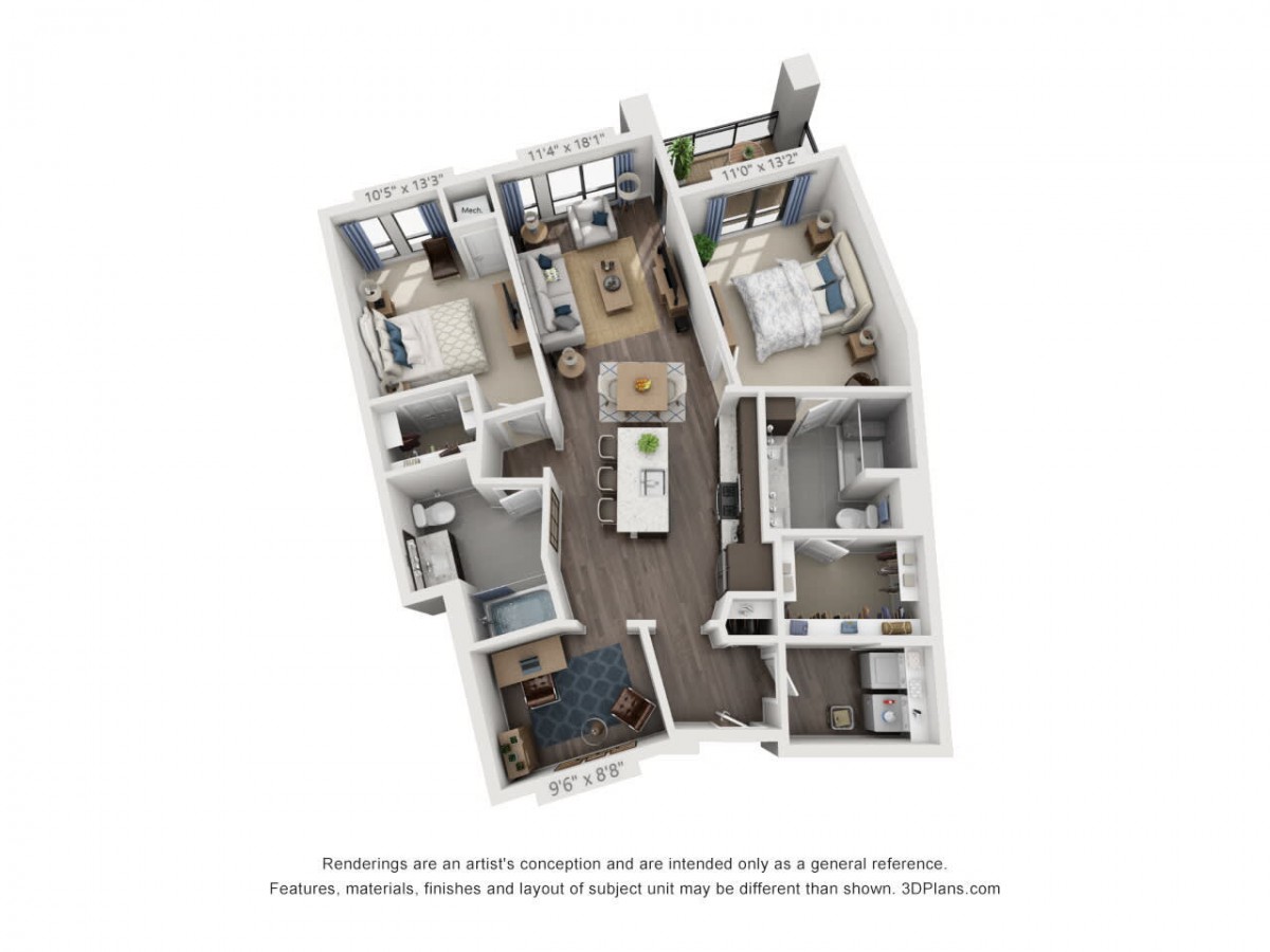 A 3D rendered floor plan of a modern apartment displaying the arrangement of rooms and furniture.
