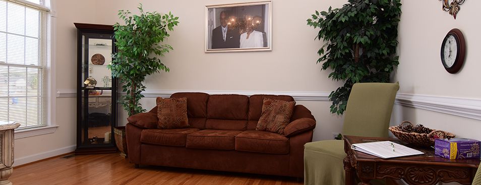 A cozy living room with a brown sofa, flanked by indoor plants and a framed picture on the wall.