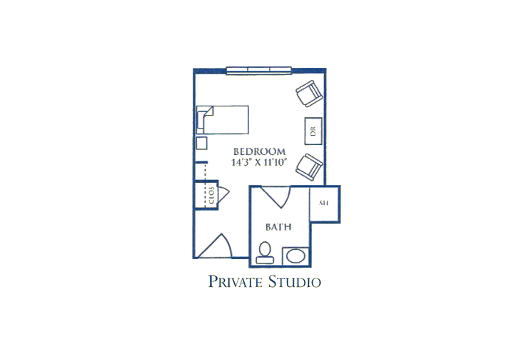 Floor plan of a private studio apartment with bedroom and bathroom.