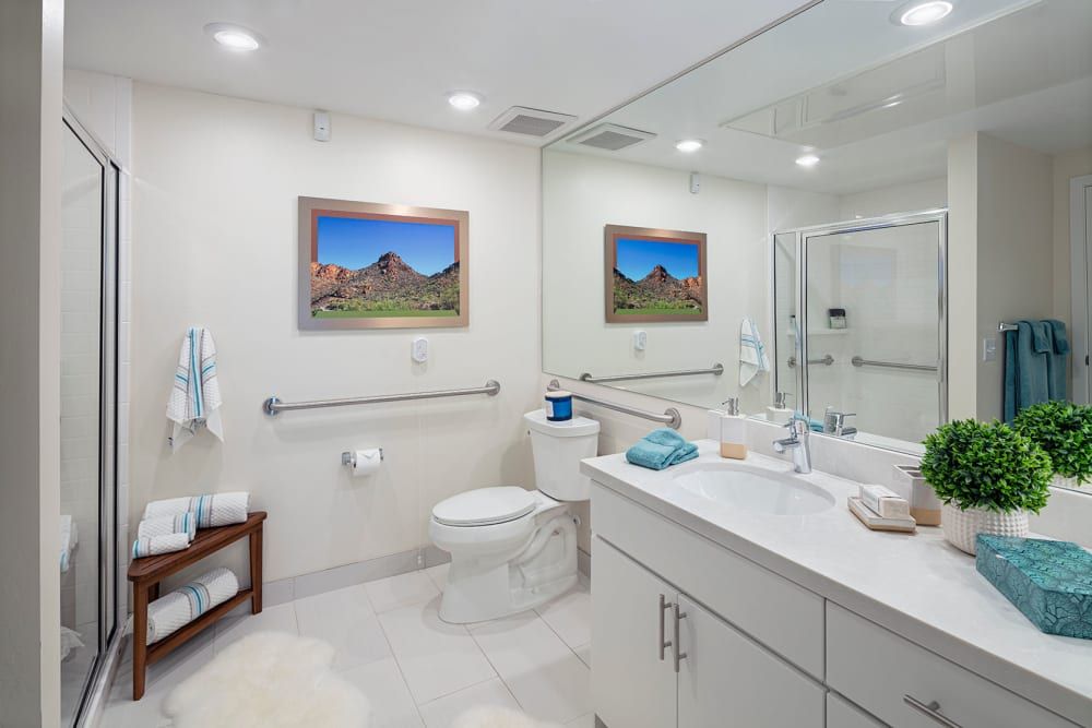 A modern bathroom with bright lighting features a large mirror, elegant fixtures, and colorful artwork.