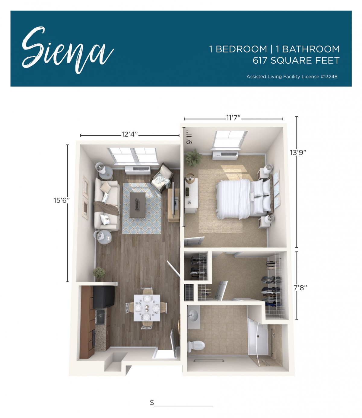 3D floor plan of a Siena apartment featuring one bedroom and one bathroom.