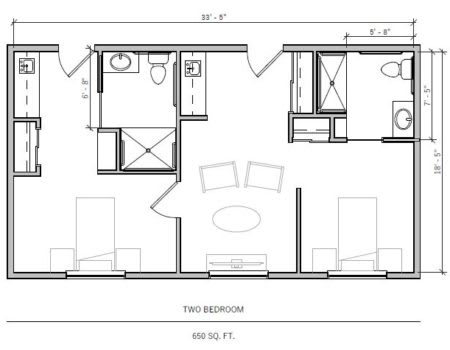 A floor plan illustrating the layout of a two-bedroom space.