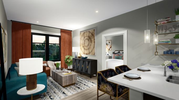 A modern living room with stylish furniture and contemporary artwork.