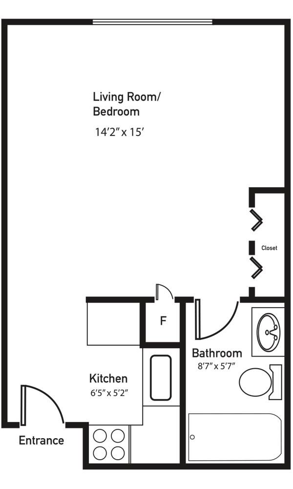 Studio apartment floor plan with dimensions for living area, kitchen, and bathroom.