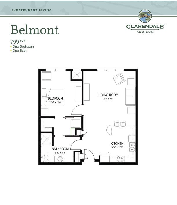 This is a floor plan of the Belmont apartment layout featuring one bedroom, one bathroom, a living room, and a kitchen.
