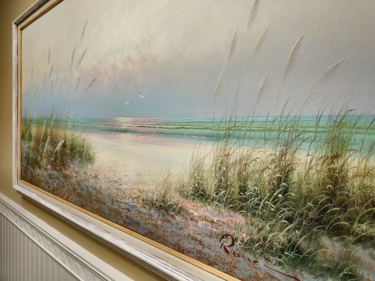 A serene painting of a coastal landscape with sandy dunes and gentle waves.