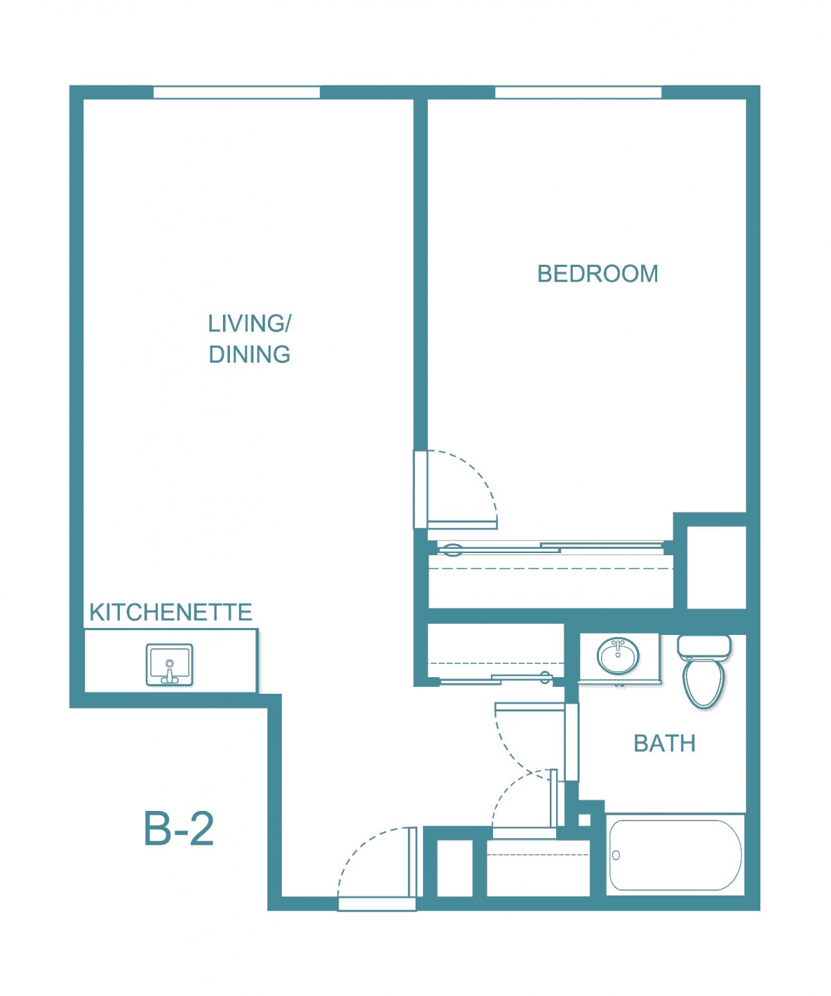 One-bedroom apartment floor plan with living/dining area, kitchenette, and bathroom.