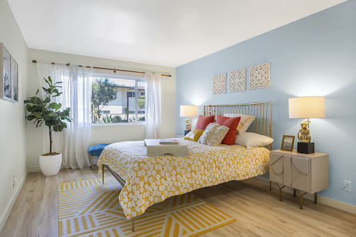 A cozy and modern bedroom featuring a light blue wall, stylish bedding, and ample natural light.