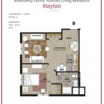 A detailed floor plan of a Mayfair one-bedroom apartment, showcasing the arrangement of rooms and amenities.