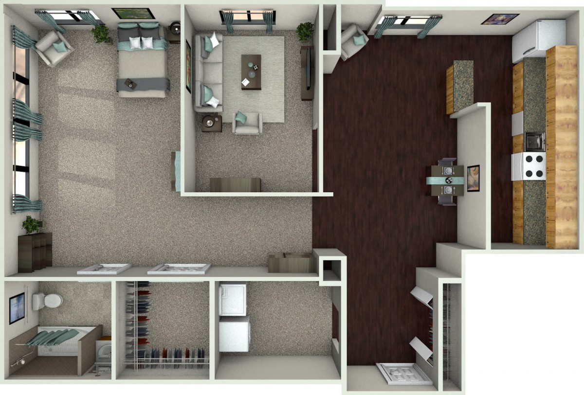 A 3D rendering of an apartment floor plan featuring an open concept living area and kitchen.