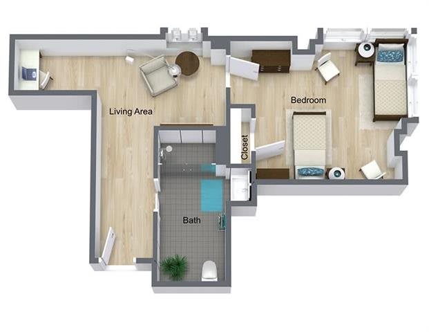 A modern apartment floor plan featuring a living room, bedroom, and bathroom.