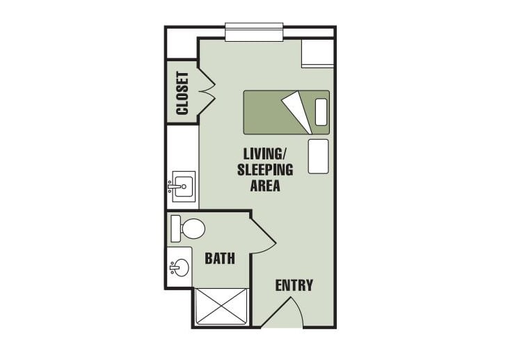 A floor plan of a studio apartment featuring a combined living and sleeping area, a bathroom, and a closet.
