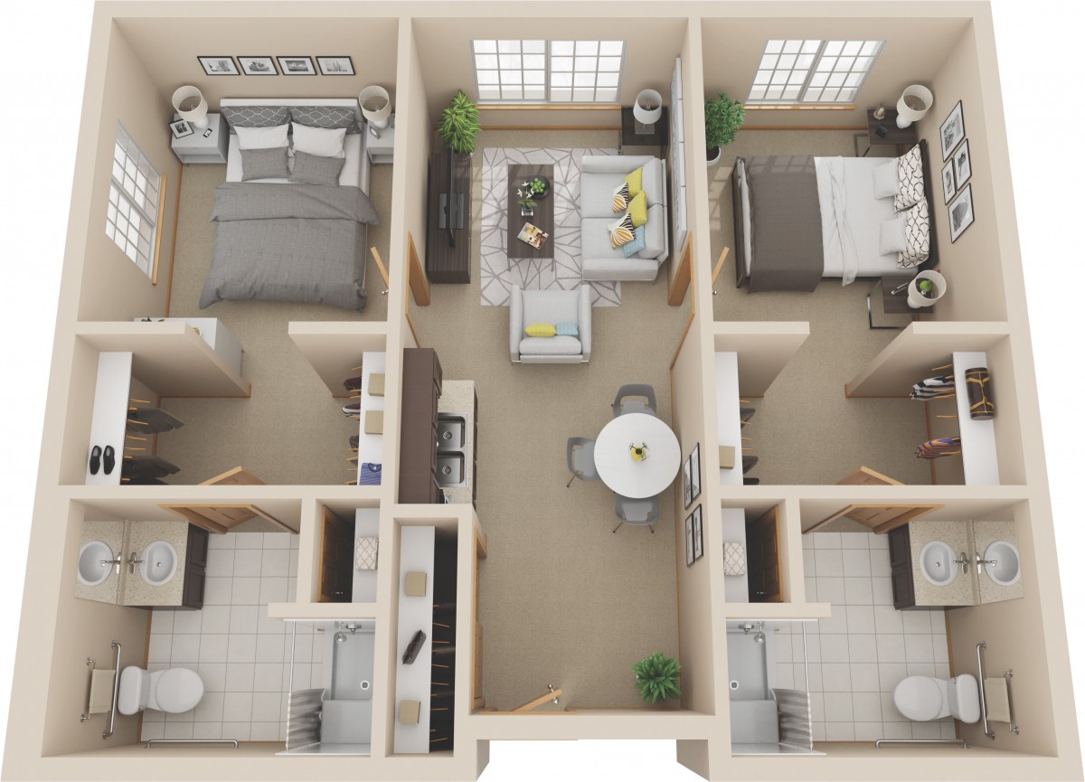 A detailed floor plan of a two-bedroom apartment with a living room, kitchen, and bathroom.