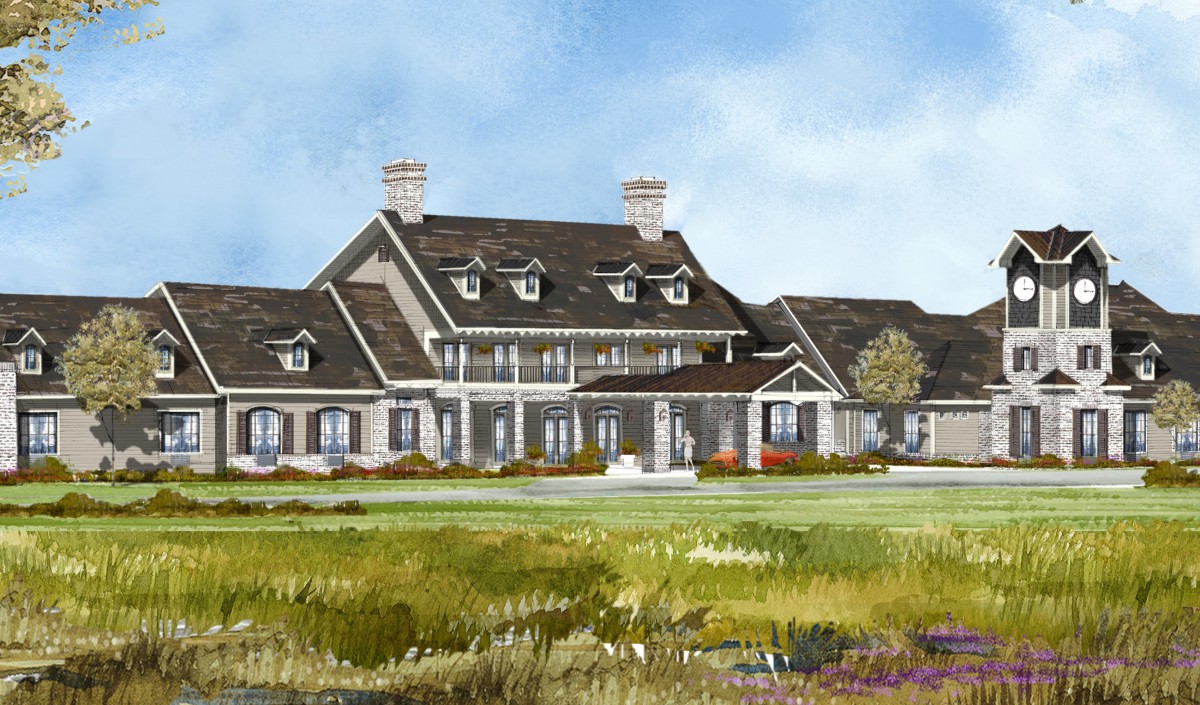 A painting of a traditional countryside house with a large, manicured lawn in the foreground.