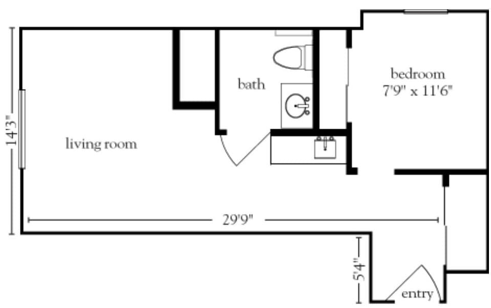 A simple floor plan layout of a small apartment, featuring a living room, bathroom, and bedroom.