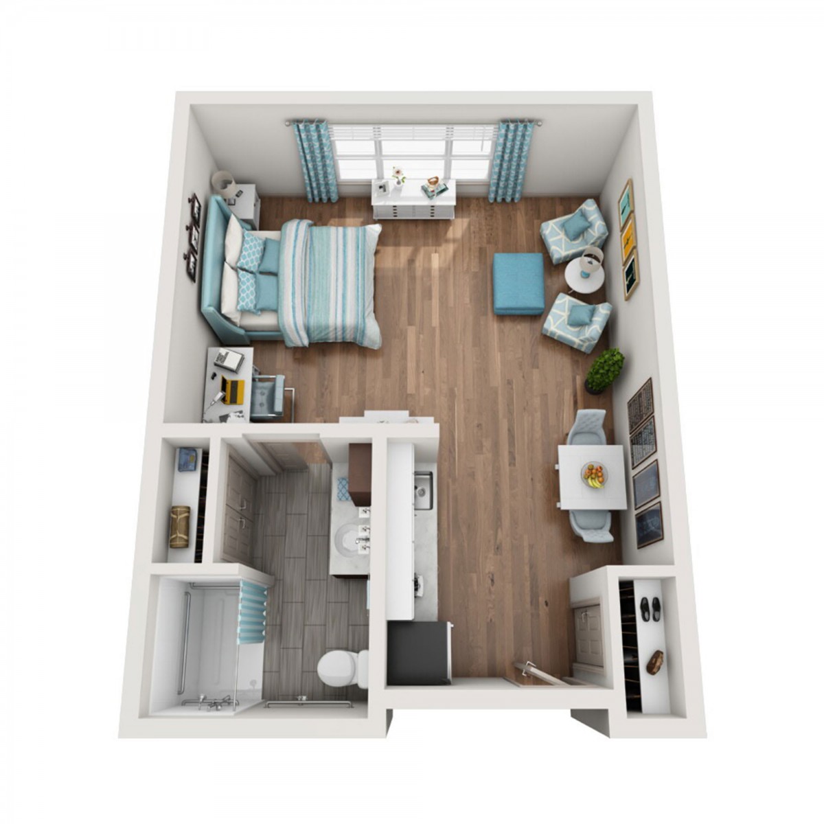 A 3D floor plan of a studio apartment featuring a combined living and sleeping area with a small kitchen and bathroom.