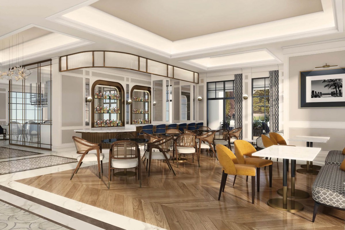 A modern and elegantly designed dining area with stylish furniture.