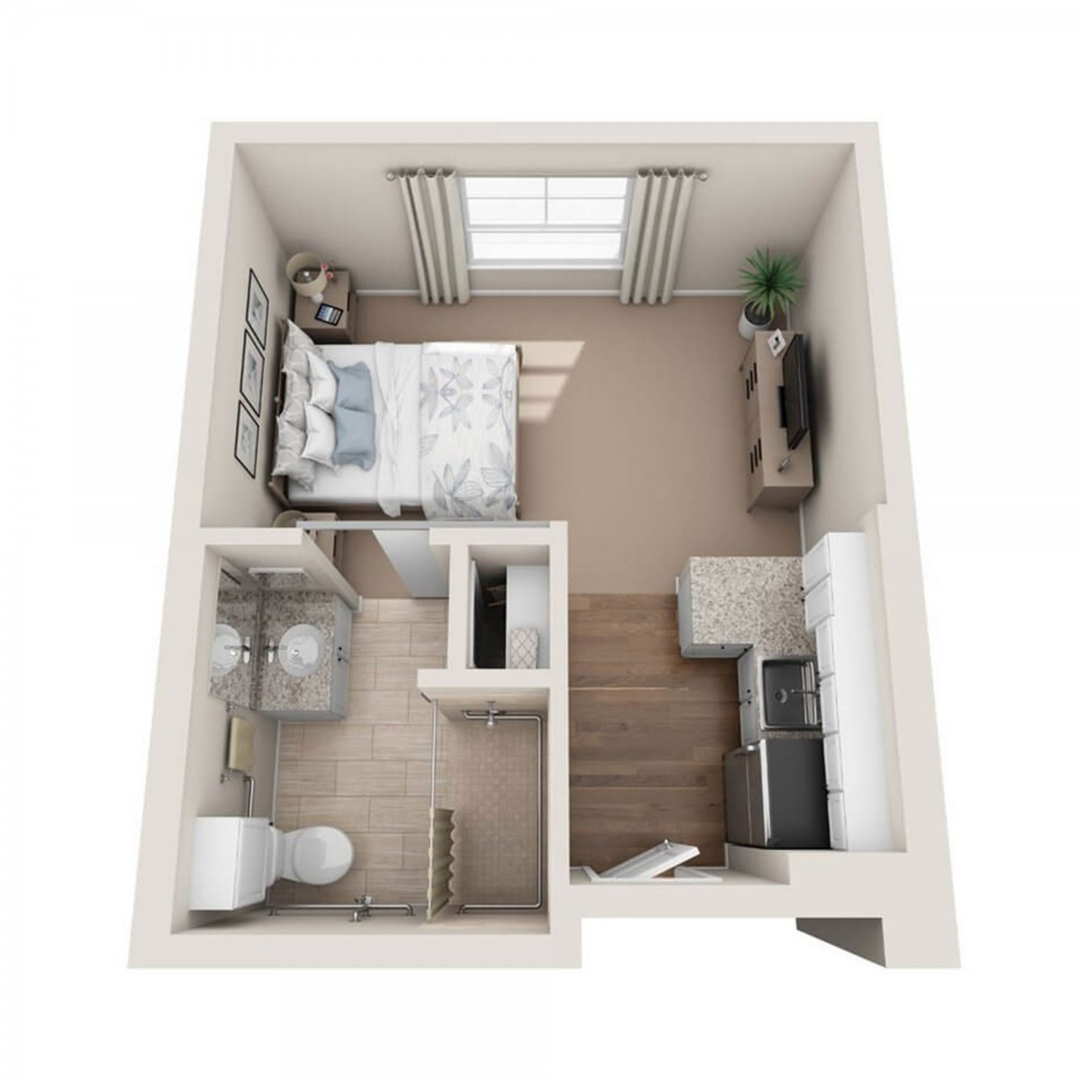 A compact apartment floor plan featuring a bedroom, bathroom, and living area.