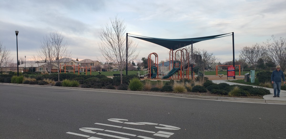 A playground with slides and shaded areas in a park setting.