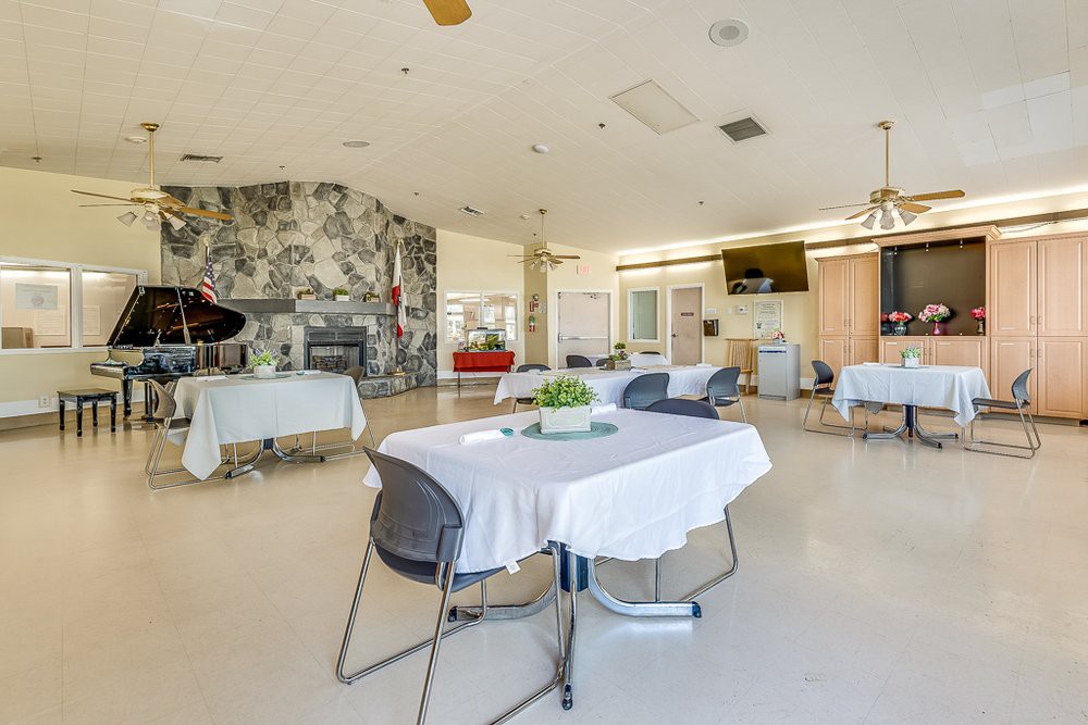A modern dining area with neatly arranged tables and chairs, decorated with plants and wall art.