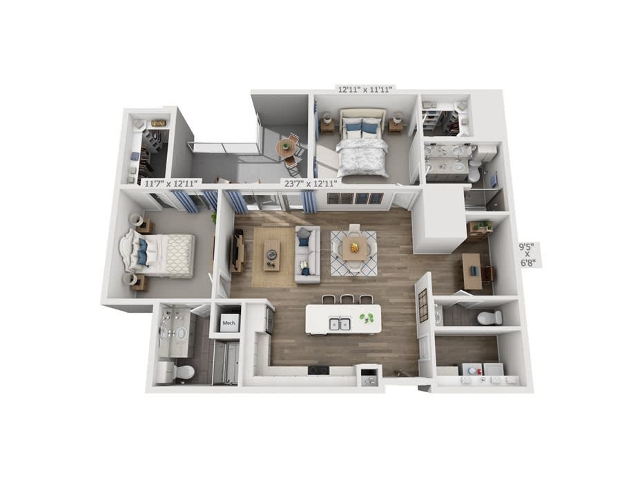 3D floor plan of a modern apartment layout with multiple rooms and open living space.