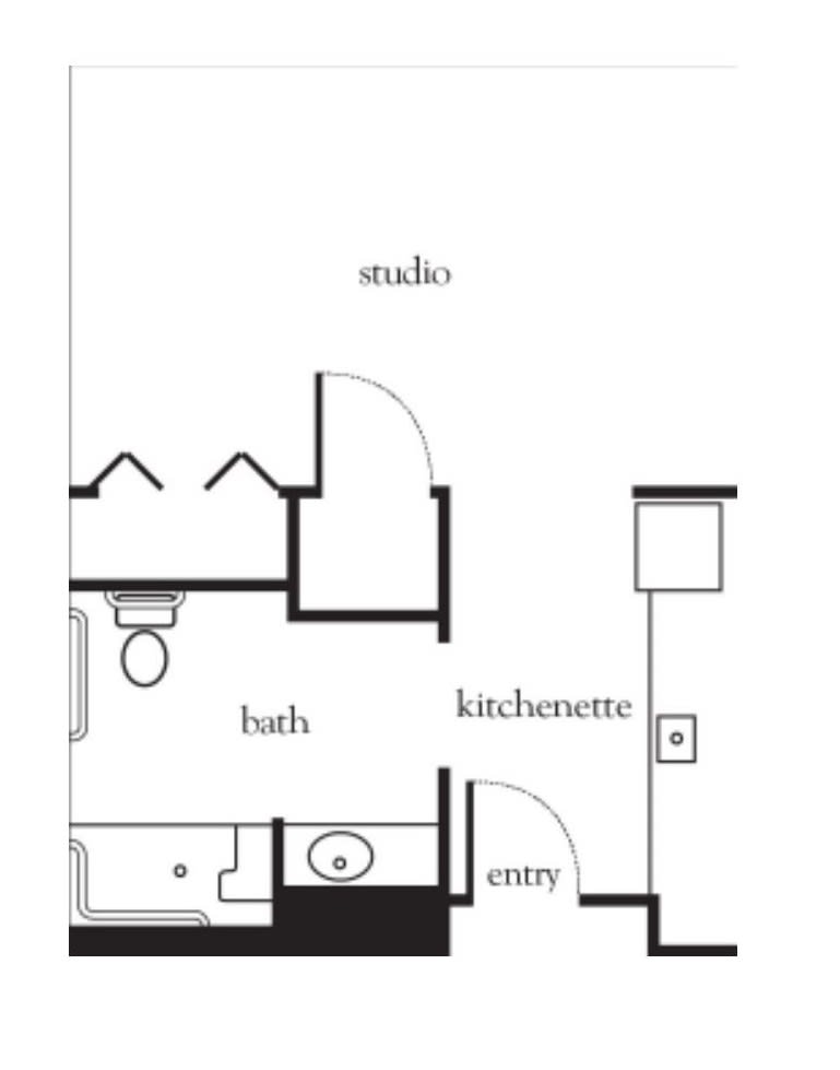 A floor plan of a studio apartment featuring a bath, kitchenette, and entry area.