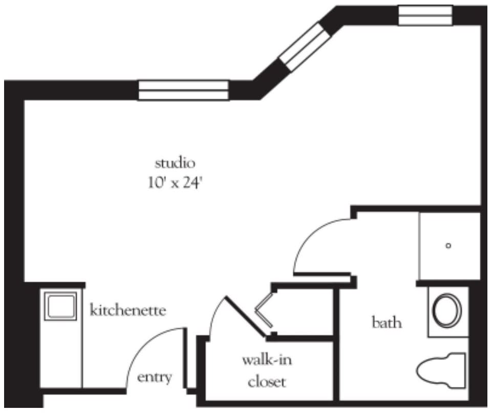 A floor plan of a studio apartment featuring a kitchenette, walk-in closet, and bathroom.