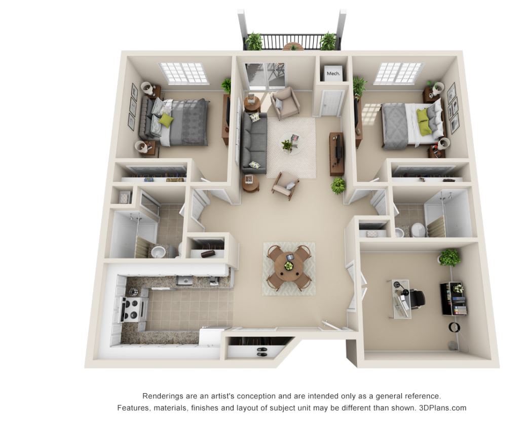 A 3D rendered floor plan of a two-bedroom apartment featuring a central living area, kitchen, and bathroom.