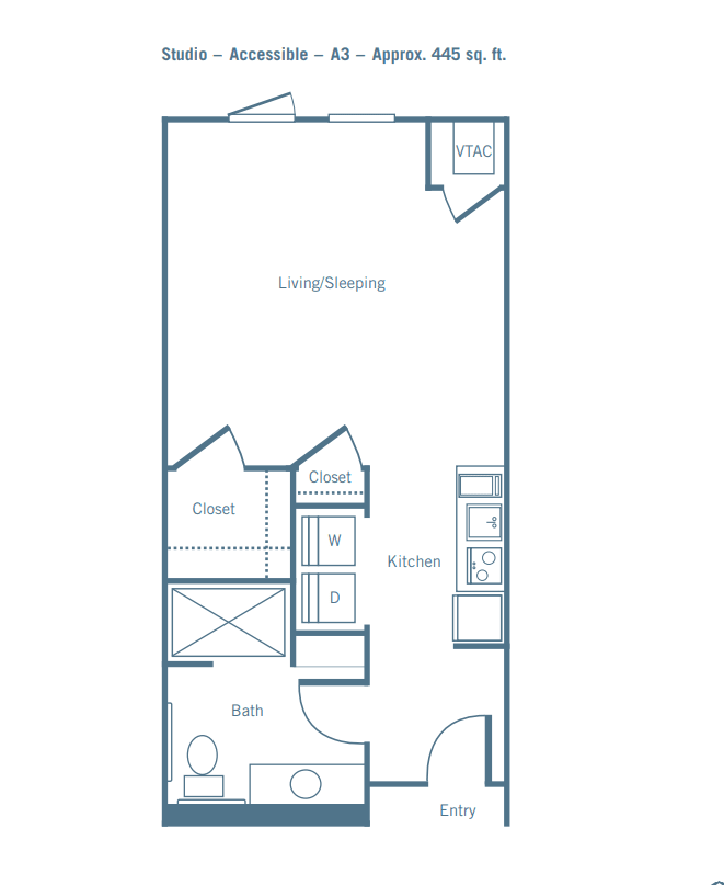 Simple floor plan of a one-bedroom apartment layout.