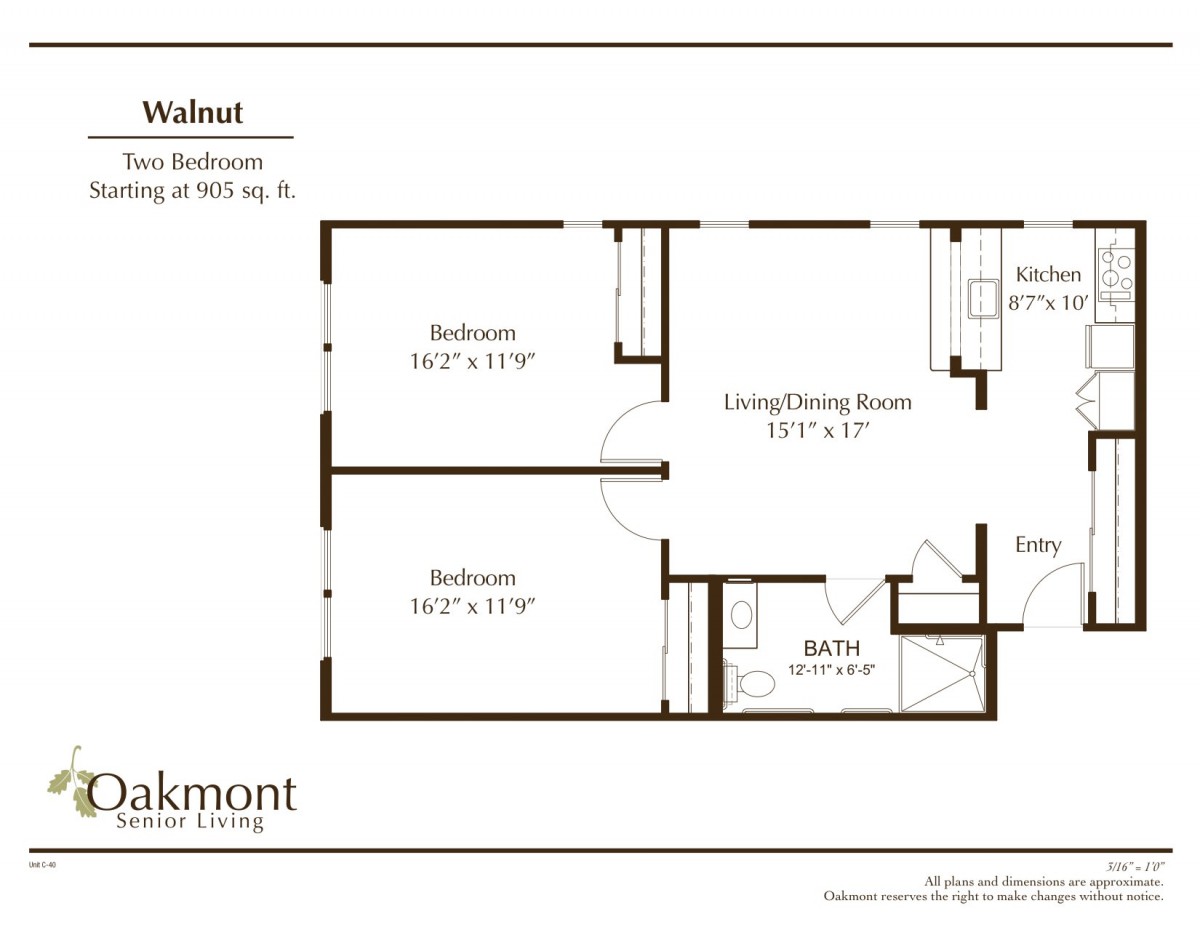 A floor plan of a two-bedroom apartment, featuring dimensions and room layout.