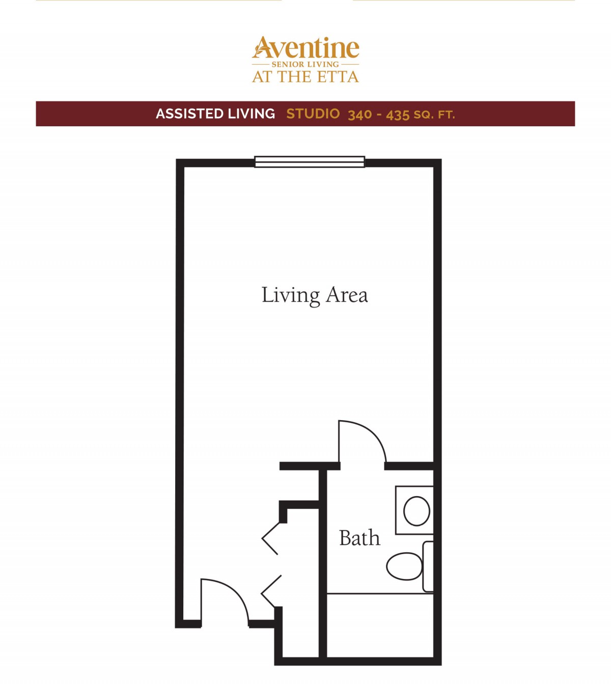 Floor plan for an assisted living studio apartment with a living area and bathroom.