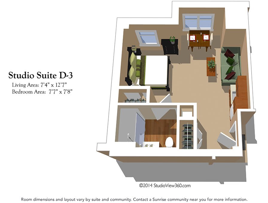 3D floor plan of Suite D-3, featuring one bedroom and living area.