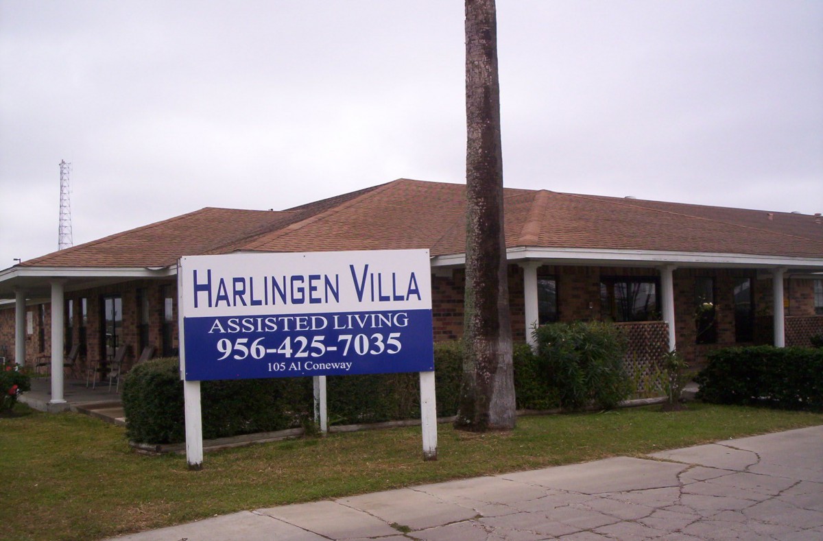 An image of the Harlingen Villa Assisted Living facility with a visible sign and building exterior.