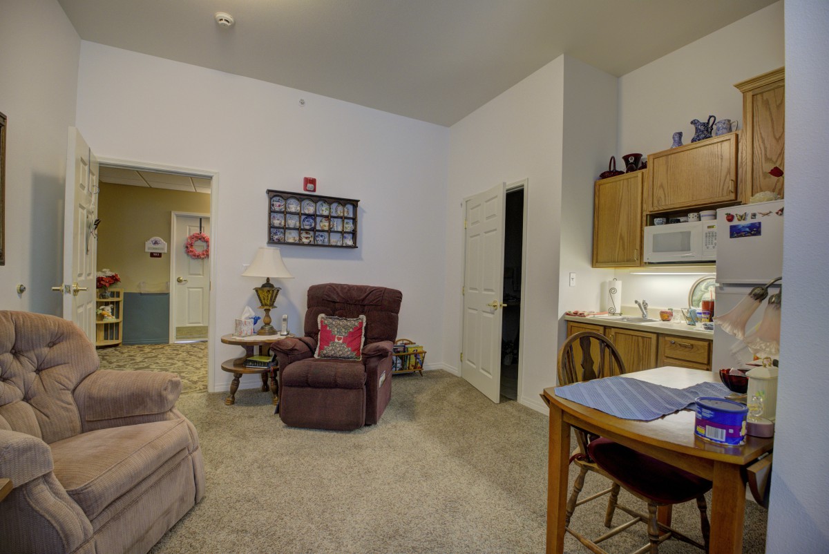 A cozy apartment living area featuring a plush armchair, sofa, small dining table, and kitchenette.