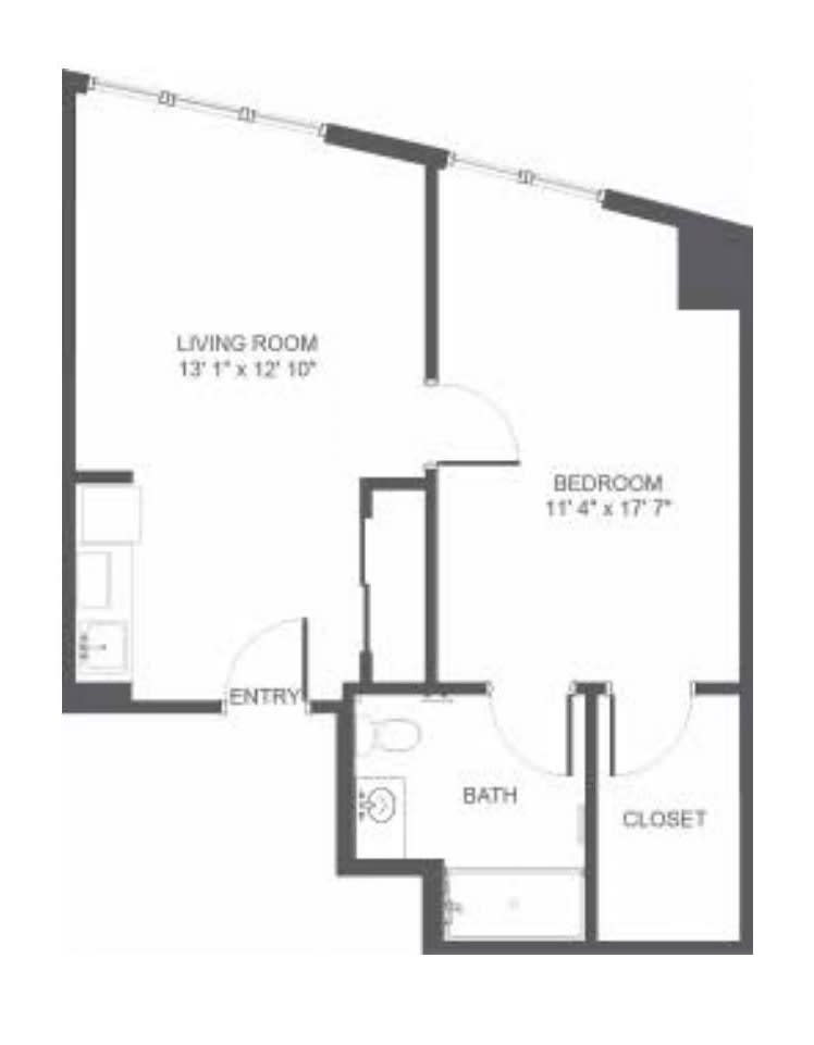 A floor plan of a one-bedroom apartment featuring a living room, bathroom, and closet.