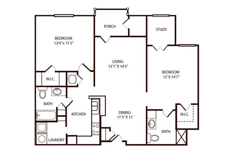 A floor plan of a residential apartment showing the layout of rooms including bedrooms, bathrooms, living area, dining area, and a study.